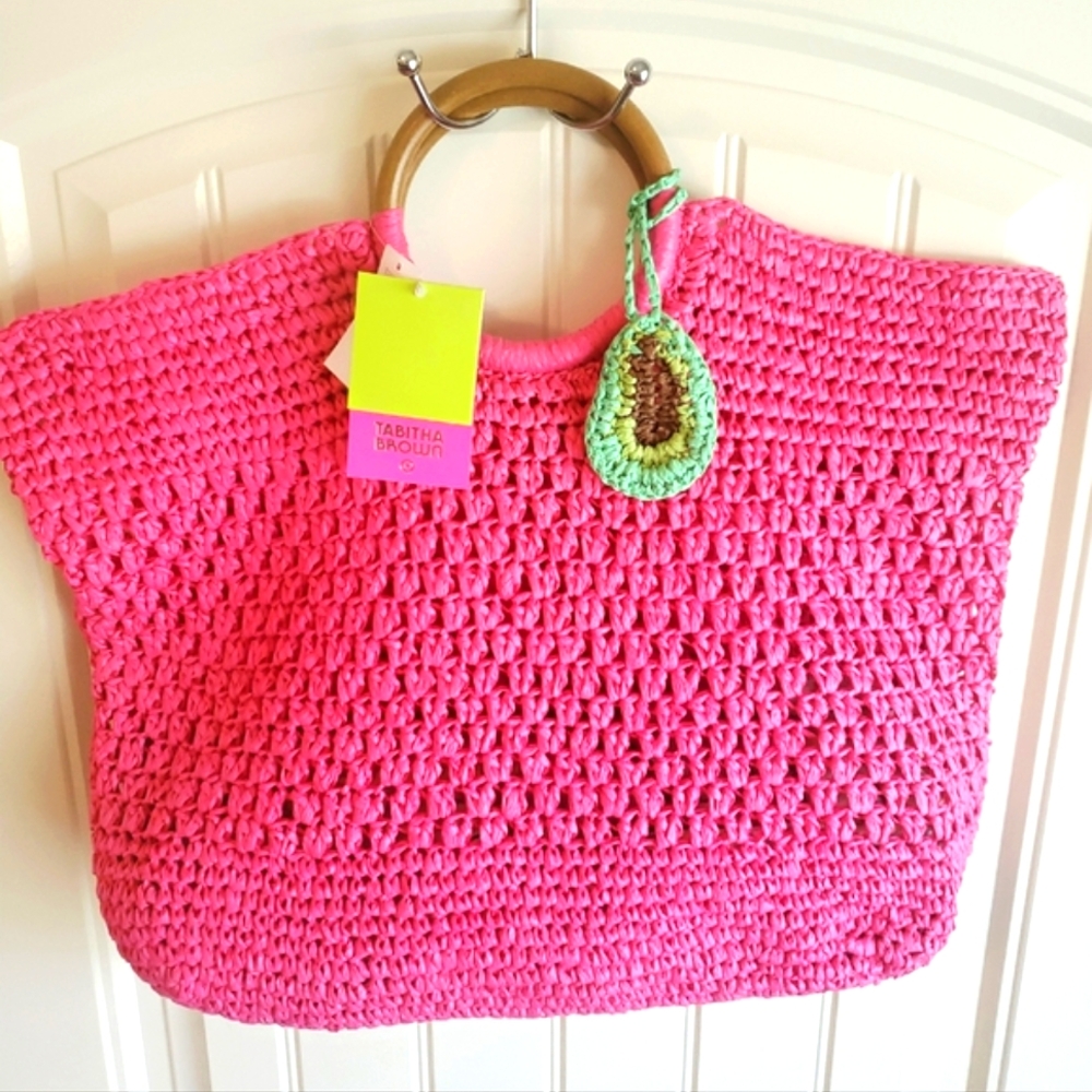 RARE Tabitha Brown Pink Green AVOCADO Woven Straw Handbag Tote Purse Beach Bag